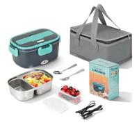 VINATO Lunch Box Chauffante 1,5 L Vert pour Voiture et Bureau | Lunch box chauffante avec compartiment 304 Inox, chauffage PTC 60W, 4 fermoirs, couverts et sac isotherme.