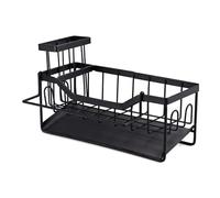 VINATO Organisateur pour Évier Noir - Acier au Carbone, Porte-Éponge avec Égouttoir, Support pour Brosse Vaisselle et Porte-Serviette - À Poser ou Fixer au Mur, 23,5 x 9 x 14 cm, Noir