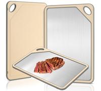 VINATO Planche à Découper en Acier Inoxydable et Fibre de Blé, 40X28cm Double Face, avec Trou de Suspension, Antidérapante, Facile à Nettoyer, Planche à Découper Professionnelle pour Cuisine, Beige