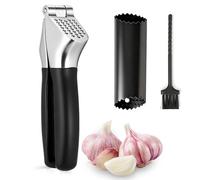 VINATO Presse Ail 3 pièces, Écrase Ail avec Éplucheur et Brosse de Nettoyage, Ustensile de Cuisine en Alliage de Zinc et Nylon, Presse-Ail Manuel pour Ail Frais, Noir