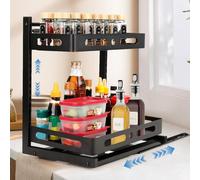 VINATO Rangement sous Evier Cuisine, 2 Niveaux étagère Organisateur Coulissant, Hauteur RéGlable Tiroir, Placard Organisation Pour Salle de Bain, Salle, Meuble, Noir