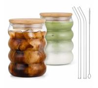 VINATO Set de 2 Tasses à Café en Verre avec Couvercle - 320ml Verre Borosilicate avec Couvercle en Bois & Paille en Verre - Pour Latte Macchiato, Cappuccino, Thé, Smoothie