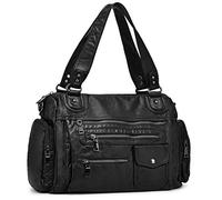VINBAGGE Sac à Main pour Femme en Cuir Souple lavé avec Multi-Poches Sac à bandouliere élégant et spacieux Sac portés Main Fourre-Tout Cabs,Noir