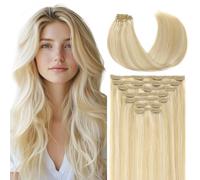 VINBAO Clip in Remy Human Hair Extensions Rallonge Cheveux Humain Extension 27 Caramel Blonde with 60 Platinum Blonde Thick End Clip Hair 18 Inches 160 Grams 7Pcs (7C#27P60-18inch)