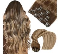 VINBAO Extension à Clip Cheveux Naturel Balayage Brun Chocolat à Blond Caramel 45cm 18 Pouces 6pcs Extension Cheveux Clip 120g Extension Clip Cheveux Humains Maxi Volume #4/27/4(#4/27/4-18pouces)