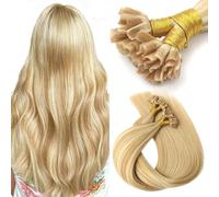 VINBAO Extensions de cheveux humains avec pointes en U - Blond caramel - Mèches décolorées - 50 mèches de cheveux humains avec pointes en U pour femme - 40,6 cm - 40 g (#UTip27P613, 40 cm)