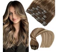 VINBAO Lot de 6 extensions capillaires à clip, en cheveux humains Remy, balayage, marron foncé, ombrés, blond caramel, double mèches, 100 g, 6 pièces, #4/27/4,35 cm