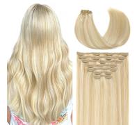 VINBAO Lot de 7 extensions de cheveux humains Remy à clipser - 160 g - 45,7 cm - Blond caramel avec reflets blond platine - Double trame (n{^>o<^} 7C27P60, 45,7 cm)