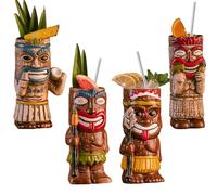 Vinbcorw Lot de 4 Tasses à Cocktail Tiki - Tasse givrée Exotique avec 4 pailles, Tiki Party Creative Cocktail Glass Drinks Bar Drinkware Premium Tropical Exotic Cute Barware,A15