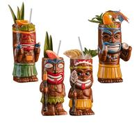 Vinbcorw Lot de 4 Tasses à Cocktail Tiki - Tasse givrée Exotique avec 4 pailles, Tiki Party Creative Cocktail Glass Drinks Bar Drinkware Premium Tropical Exotic Cute Barware,A7