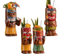 Vinbcorw Lot de 4 Tasses à Cocktail Tiki - Tasse givrée Exotique avec 4 pailles, Tiki Party Creative Cocktail Glass Drinks Bar Drinkware Premium Tropical Exotic Cute Barware,A10