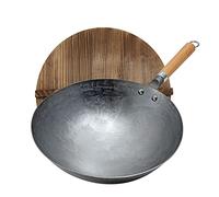 Vinbcorw Poêle À Wok Wok Traditionnel En Acier Au Carbone Martelé À La Main Avec Manche En Bois Et Acier Manche Amovible Wok De 1,8 Mm D'épaisseur Avec Couvercle (Fond Rond),34cm