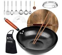 Vinbcorw Poêle wok avec couvercle en bois wok en acier au carbone sans revêtement chimique et pour cuisiner des plats asiatiques pour 3-5 personnes, induction, électrique, gaz,Noir