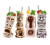 Vinbcorw tiki Cocktails Tiki Mugs Ensemble de 4 Tasses à Cocktail en Céramique Verres à Cocktail Exotiques Tiki Bar Professionnel Hawaiian Party Barware tiki mug reutilisable,Beige