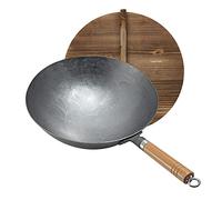 Vinbcorw Wok Traditionnel en Acier Au Carbone Martelé À La Main - Manche en Bois et Acier Amovible - 1,8 Mm D'épaisseur Avec Couvercle (Fond Rond), 32cm