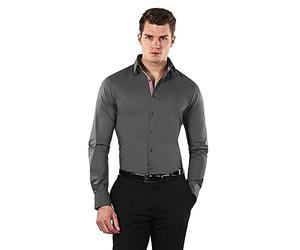 Vincenzo Boretti Chemise Homme, Coupe particulièrement cintrée Body-fit, Tissu élastique-défroissable, mélange de Coton, Manches-Longues, col Kent, Unie - Facile à r Gris foncé/Bordeaux 41-42