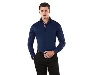 Vincenzo Boretti Chemise Homme, Coupe particulièrement cintrée Body-fit, Tissu élastique-défroissable, mélange de Coton, Manches-Longues, col Kent, Unie - Facile à r Bleu foncé/Bordeaux 39-40