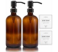Vine Creations Amber Glass Soap Dispenser, 2 Pack Kitchen Soap Dispenser Set with Stainless Steel Pump, 16 oz Dish Soap and Hand Soap Dispensers for Bathroom with Waterproof Labels