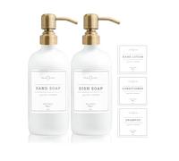 Vine Creations Lot de 2 distributeurs de Savon de Cuisine en Verre Blanc avec Pompe en Acier Inoxydable, 473,6 g de Savon à Vaisselle et de Savon pour Les Mains pour Salle de Bain avec étiquettes