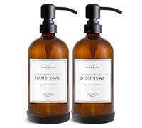 Vine Creations Lot de 2 distributeurs de Savon en Verre ambré, Bouteilles épaisses de 473,6 g, Pompe en Acier Inoxydable, Pot Moderne et Vintage, Accessoires de Salle de Bain et de Cuisine, avec