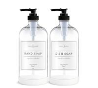 Vine Creations Lot de 2 distributeurs de Savon en Verre Transparent épais de 473,6 g avec Pompe en Plastique Noir, décoration Moderne pour Cuisine et Salle de Bain, avec étiquettes étanches