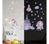 VINEST Licorne Etoiles Phosphorescentes Plafond Stickers Muraux Enfants, Bleu Etoile Fluorescente Chambre Enfant Stickers Muraux, Decoration Chambre Fille Château arc en Ciel, Stickers Muraux Enfant