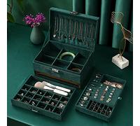 VINGAA Boîte de rangement à bijoux, boîte à bijoux avec serrure, organiseur de bijoux pour femme, boîte à bijoux vert foncé, grande boîte à bijoux à 3 niveaux, avec tiroirs, pour ranger des boucles