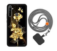 vingarshern Coque Compatible avec Realme 6i Antichoc Silicone Bumper Case Étui de Protection Housse Coque avec Motif,Souple Coque avec Cordon Detachable,Fleurs dorées