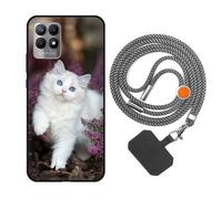 vingarshern Coque Compatible avec Realme 8i Antichoc Silicone Bumper Case Étui de Protection Housse Coque avec Motif,Souple Coque avec Cordon Detachable,Chat Blanc