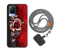 vingarshern Coque Compatible avec Vivo V21 5G Antichoc Silicone Bumper Case Étui de Protection Housse Coque avec Motif,Souple Coque avec Cordon Detachable,Rose Rouge