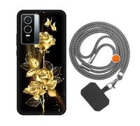 vingarshern Coque Compatible avec Vivo Y76 5G Antichoc Silicone Bumper Case Étui de Protection Housse Coque avec Motif,Souple Coque avec Cordon Detachable,Fleurs dorées