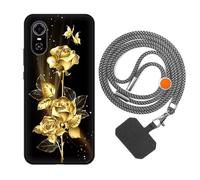 vingarshern Coque Compatible avec ZTE Blade A31 Plus Antichoc Silicone Bumper Case Étui de Protection Housse Coque avec Motif,Souple Coque avec Cordon Detachable,Fleurs dorées
