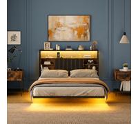 VINGLI Lit 140 x 190 avec Sommier, Lit Flottant avec LED, Lit 2 Personnes, Tête de Lit Tapissée avec Rangement, Station de Charge 4 en 1, en Métal et Bois, Style Industriel, Marron Vintage