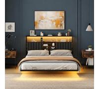 VINGLI Lit avec Sommier, Lit Flottant avec LED, Lit 2 Personnes, Tête de Lit Tapissée avec Rangement, Station de Charge 4 en 1, en Métal et Bois, Style Industriel, Marron Vintage (160x200 cm)