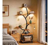 VINGLI Support Plantes en forme d’arbre mobile avec Lampe de Croissance À 8 Niveaux, etagere plante sur Roues, 127x68x30cm, noir + panneaux bois vieilli, 3 sorties LED, pour Salon Balcon