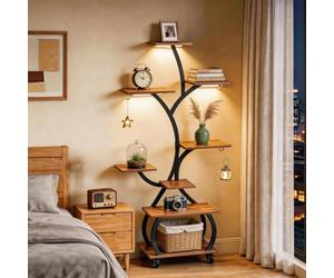 VINGLI Support Plantes en forme d’arbre mobile avec Lampe de Croissance À 8 Niveaux, etagere plante sur Roues, 127x68x30cm, noir + panneaux bois vieilli, 3 sorties LED, pour Salon Balcon