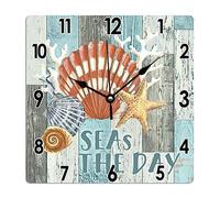 Vinisong Horloge murale rustique vintage en forme de coquillage et étoile de mer en PVC - 25,4 x 25,4 cm - Bleu sarcelle - Style vintage - Grain de bois - Mers - Horloges murales bord de mer - Horloge