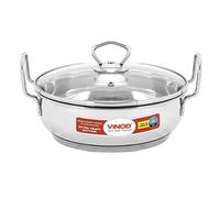 Vinod Kadai Wok en acier inoxydable compatible induction avec couvercle en verre 24 cm 3,4 l