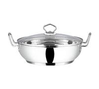 Vinod Wok Kadai en acier inoxydable avec base à induction et couvercle en verre - Tous plans de cuisson- Taille : 20 cm (capacité : 2 litres) (compatible avec l'induction)