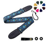 VINPAM Sangle de guitare vintage - Coton jacquard brodé avec extrémités en cuir pour guitares acoustiques, électriques et basses, style Gibson | Avec serrures de sangle, boutons et 3 médiators, bleu