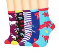 Vinsani Lot de 5 paires de chaussettes amusantes en coton coloré avec imprimé animal | Taille unique douce, respirante, confortable, usage quotidien, école, décontracté, taille 37-40, éléphant, One