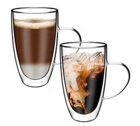 Vinsani PIVANO Lot de 2 tasses à café à double paroi 600 ml en verre borosilicate transparent résistant à la chaleur et au froid avec poignée pour cappuccino, latte, thé, dessert, boissons chaudes et