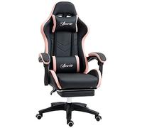 Vinsetto Chaise de bureau en cuir synthétique avec repose-pieds, roues pivotantes, dossier inclinable à 135°, soutien lombaire, appui-tête pour la maison, noir et rose