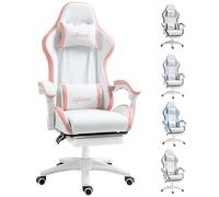 Vinsetto Chaise de bureau en cuir synthétique avec repose-pieds, roues pivotantes, dossier inclinable à 135°, soutien lombaire, appui-tête pour la maison, blanc et rose