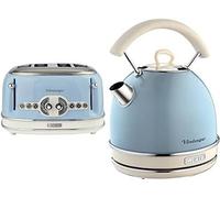 Vintage 156 Grille-Pain 4 Tranches,6 Niveaux De Grillage,1600 W,Bleu & Vintage 2877 Bouilloire Électrique,2000 Watts,1,7 L,En Acier Inoxydable Peint En Bleu Pastel