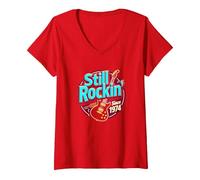 Vintage 1974 Still Rockin' Since Cadeau pour Femme Amateur de Musique T-Shirt avec Col en V, Femme, Rouge, S