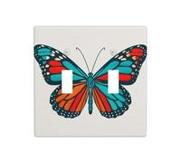 Vintage 70s Papillon Bleu Fluo Orange Ailes Double Gang Bascule Plaque Murale Interrupteur Décor Taille Standard - 11,4 x 11,4 cm