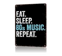 Vintage 80s Memorabilia Sign Eat Sleep 80s Music Repeat Tin Wall-Art for Man Cave Gift for Him (8 X 12 in)