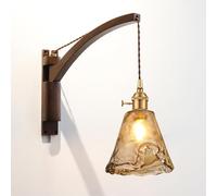 Vintage Amber Glass Wall Sconces - Hardwired Wood Swing Arm Lamp with Switch Indoor Light Fixture for Bedroom Living Room Reading Nook Bedside Décor Stylish Home Lighting