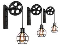 Vintage Applique Murale Industrielle Poulie Design Suspension Métal en forme Cage Noir Rétro E27 Lampe de Mur Loft Corde Ajustable
